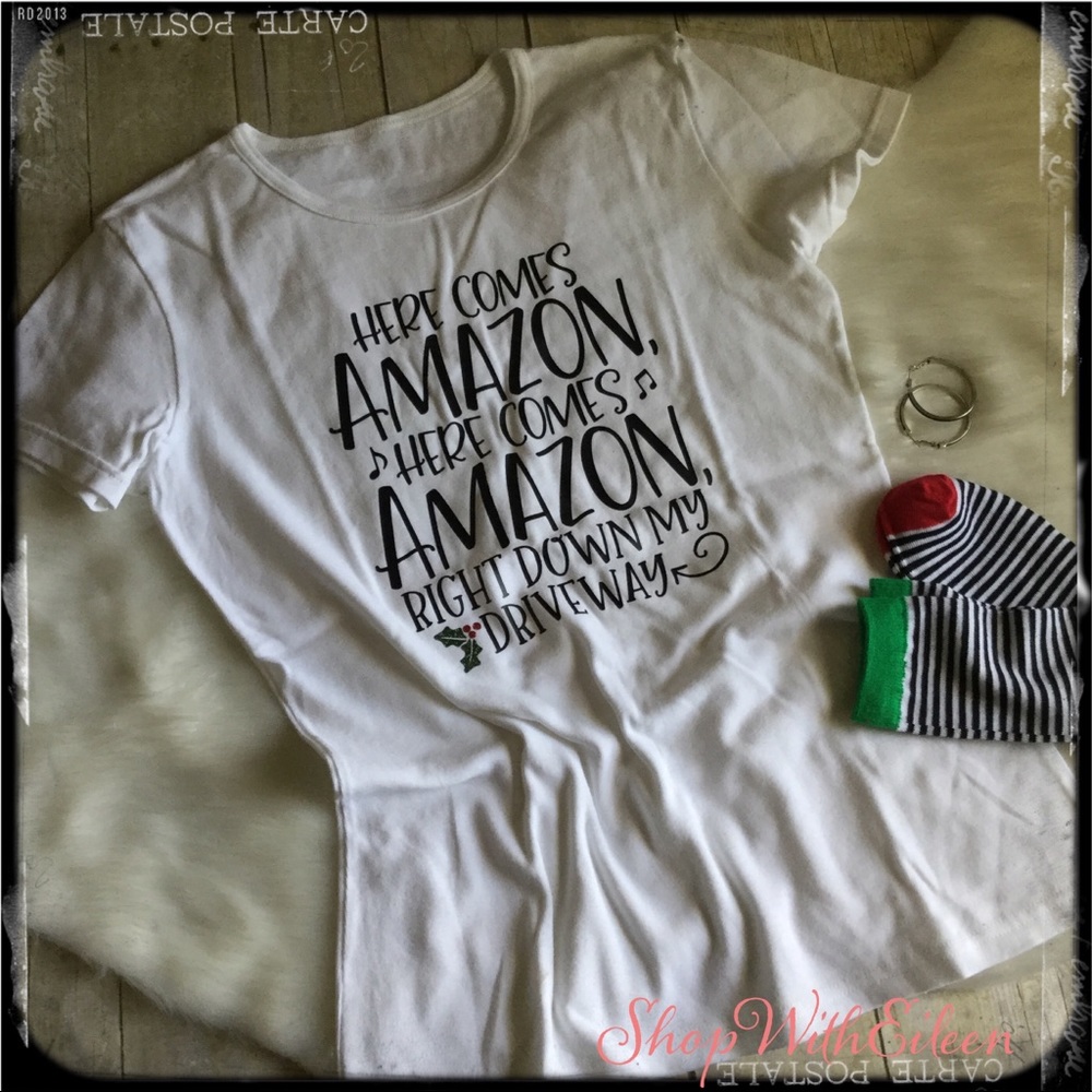 Here Comes Amazon … Shopping White Christmas Graphic T-shirt  LAST ONE!